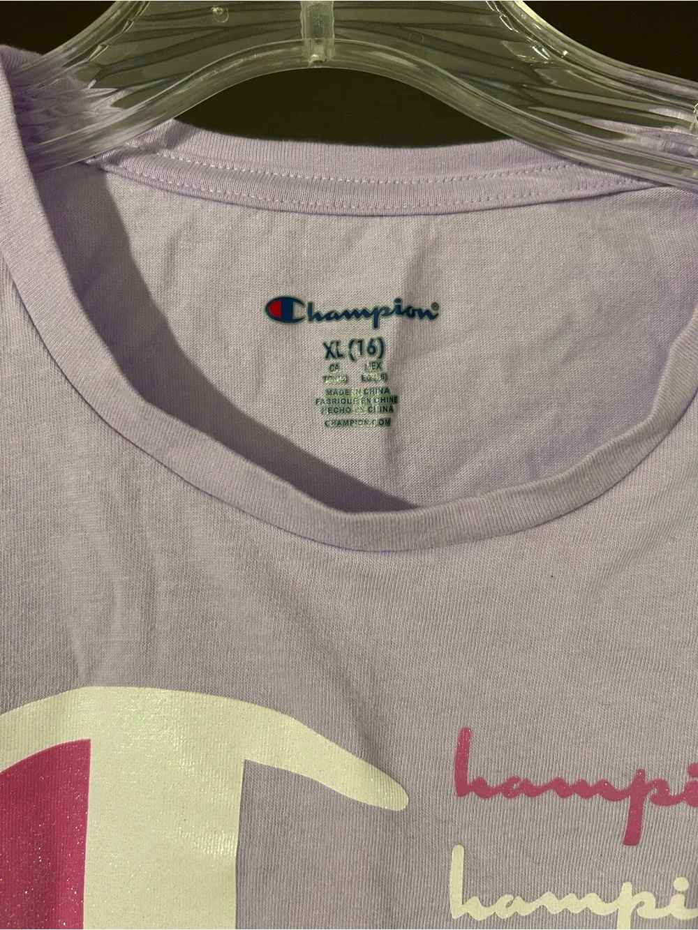 Champion Lavender Short-Sleeve Tee with Front Tie and Multicolor Logo